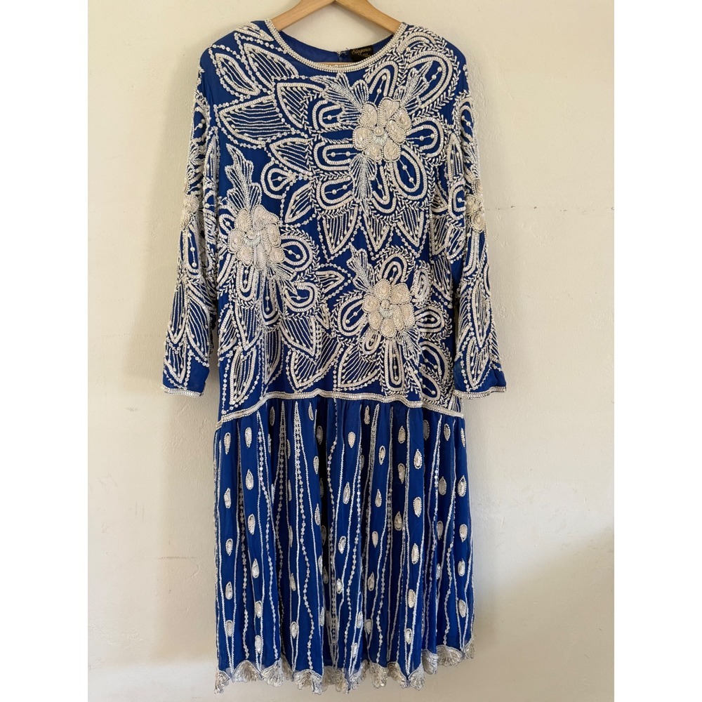 Elegance Vintage Royal Blue Beaded Silk Dress 2X Floral Sequin Long Sleeve Midi